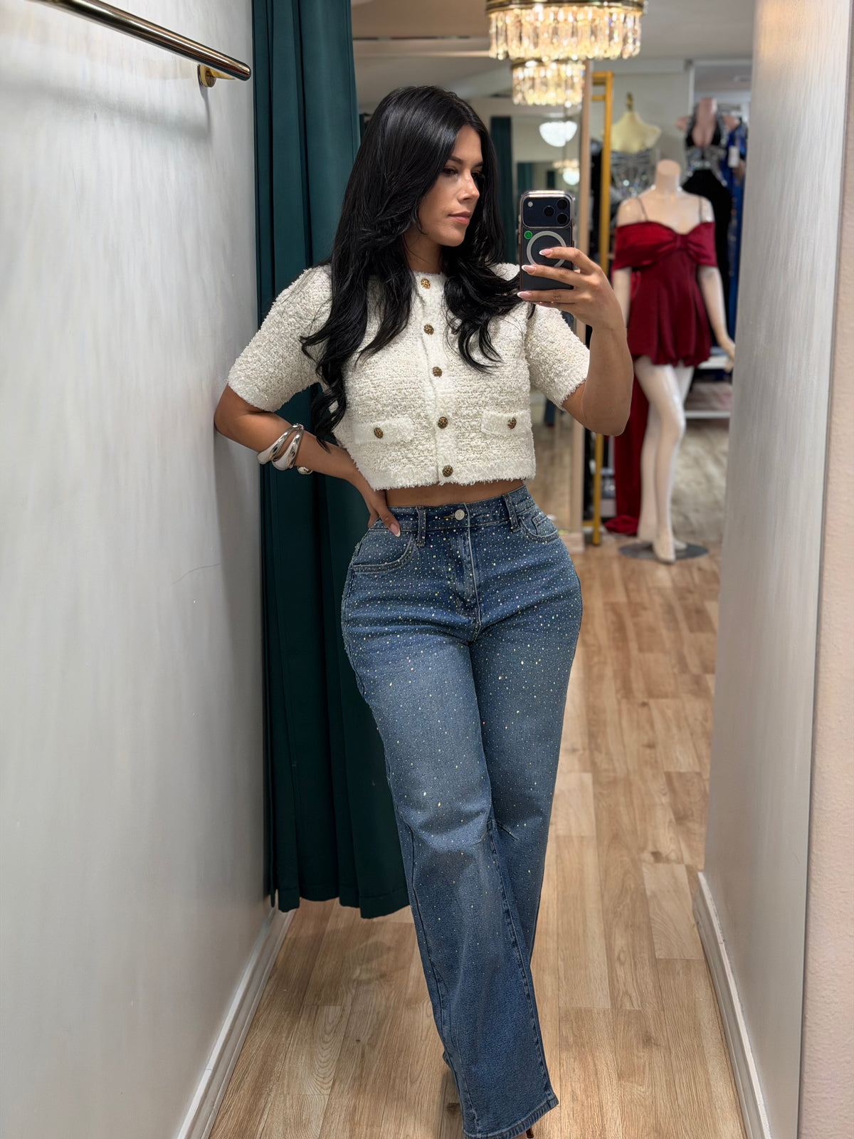 Rhinestone barrel jeans strech