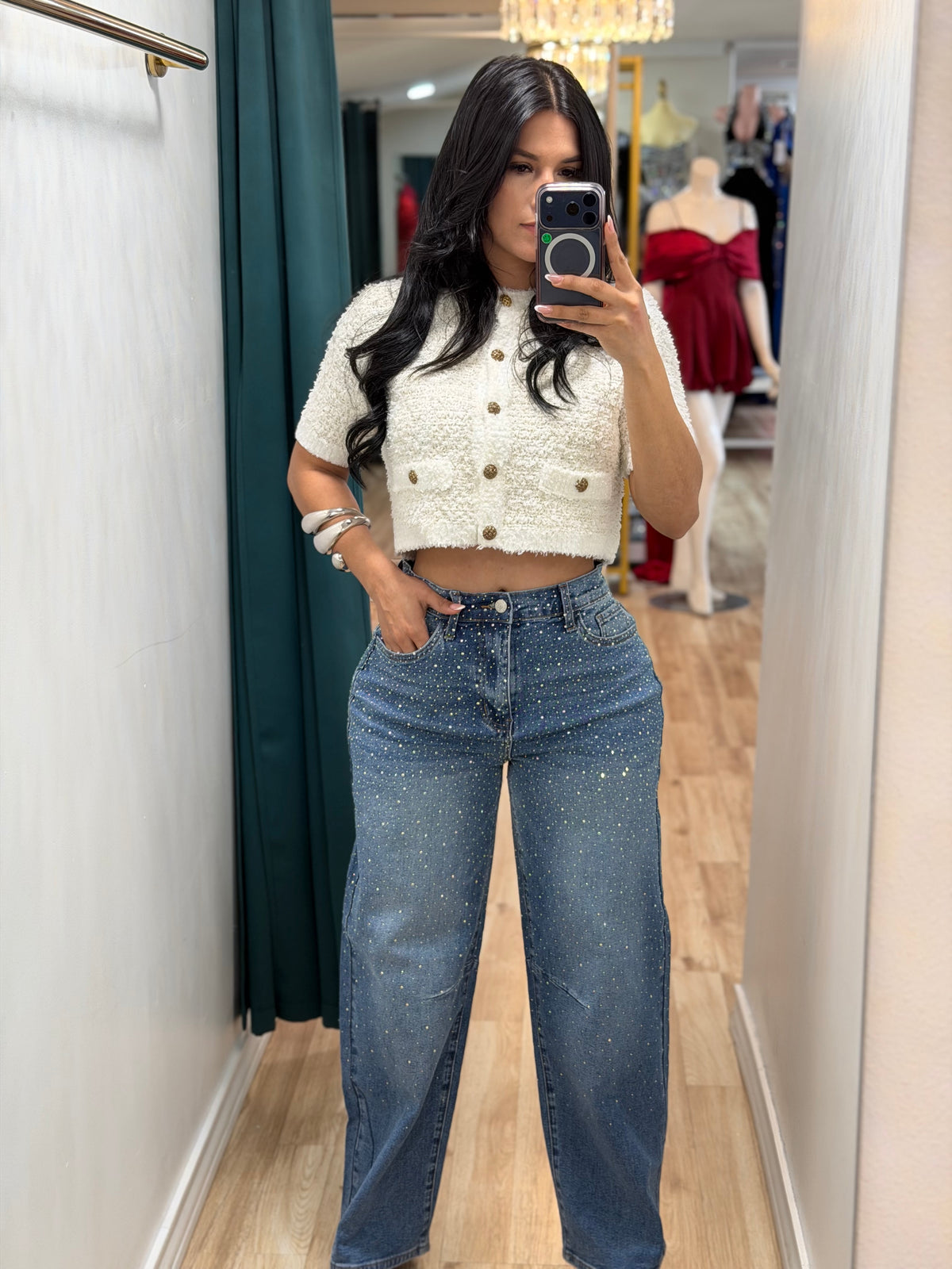 Rhinestone barrel jeans strech