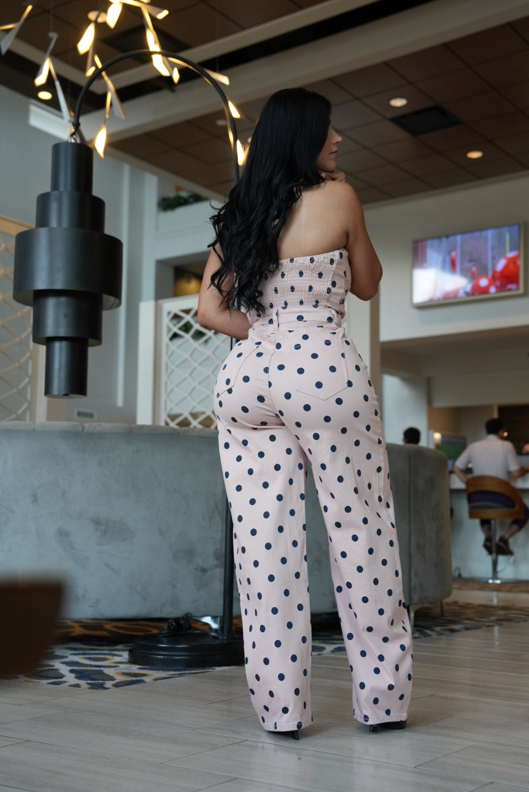Polka dot navy blue & pink strech