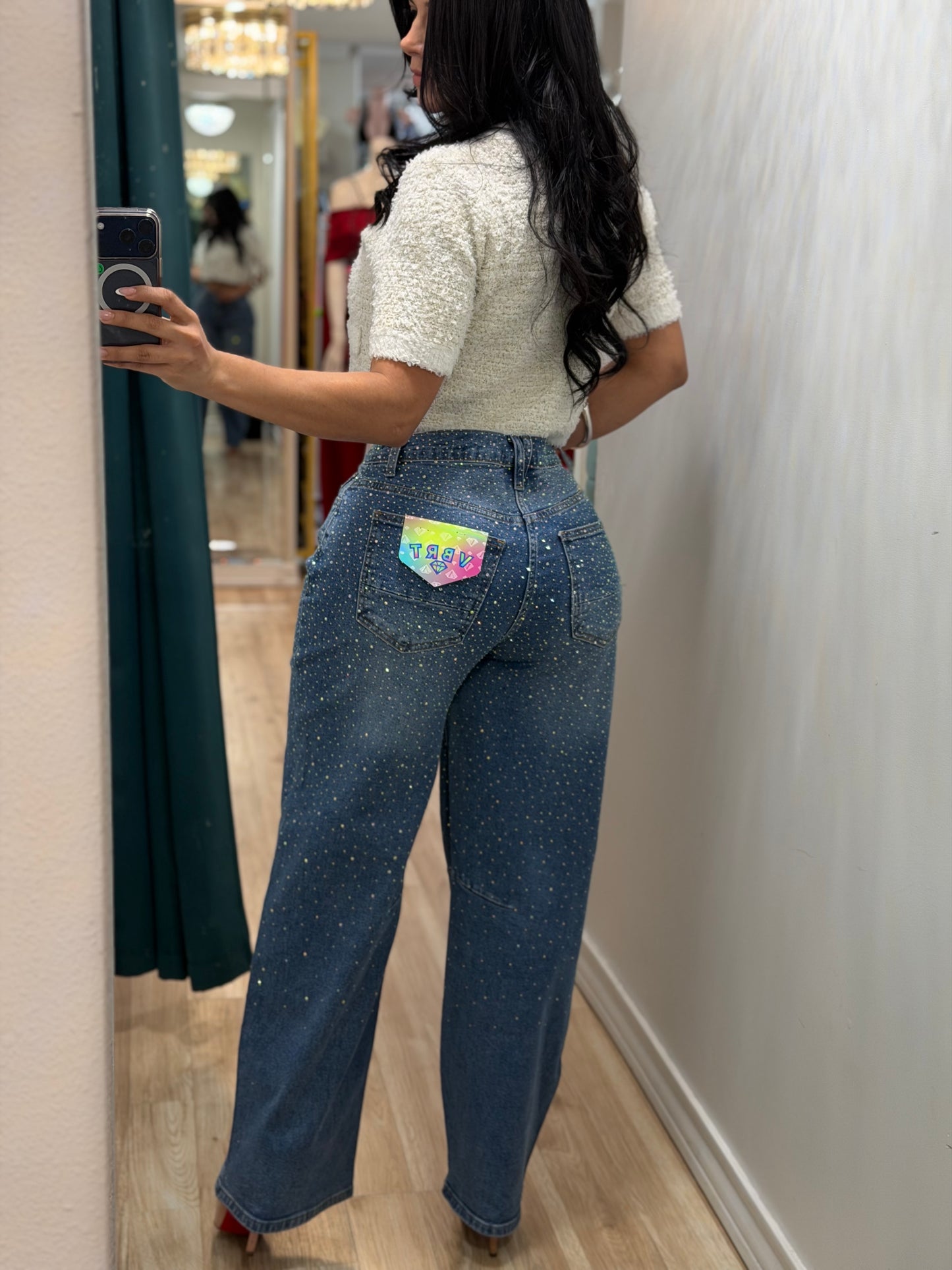 Rhinestone barrel jeans strech