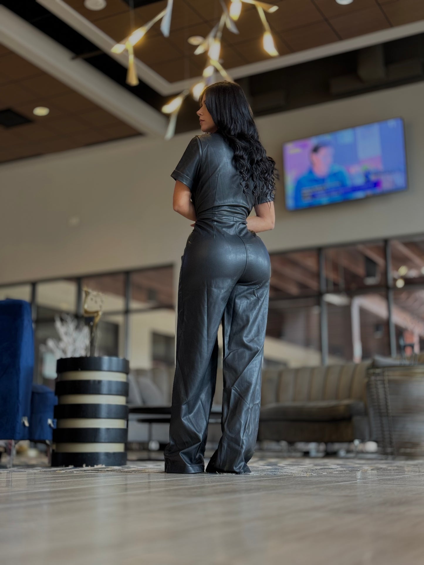 Leather jumpsuit no belt