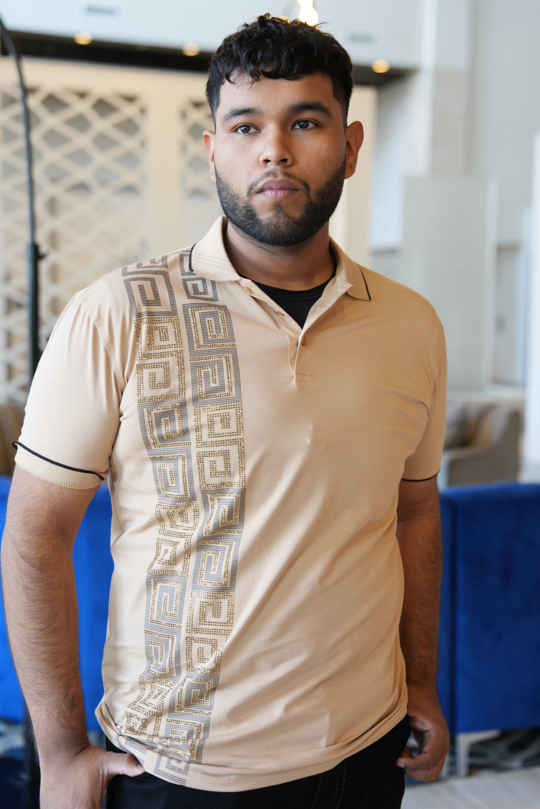 Beige rhinestone polo