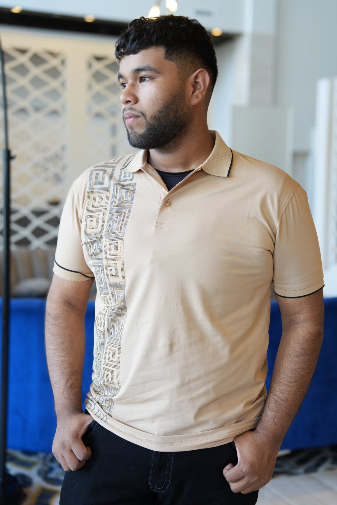 Beige rhinestone polo