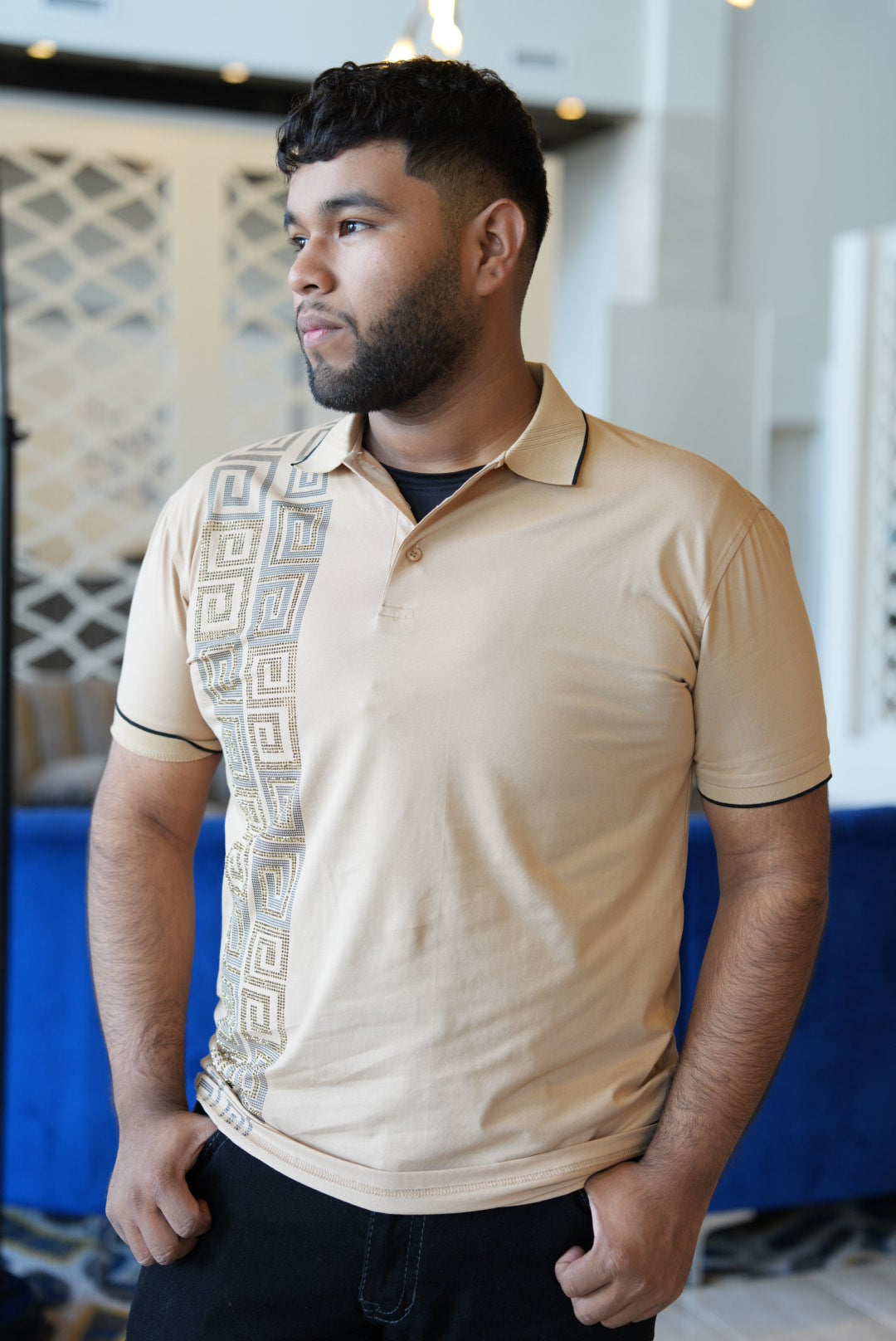 Beige rhinestone polo